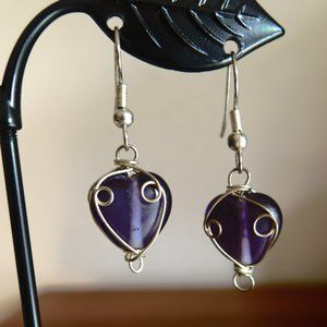 Vintage Purple Glass Hearts Wrapped with Silver Wire